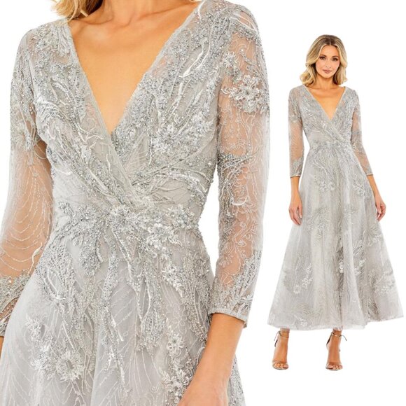 Mac Duggal 20336 Size 8 Silver Embellished Wrap V-Neck 3/4 Sleeve Midi Dress - Picture 1 of 8